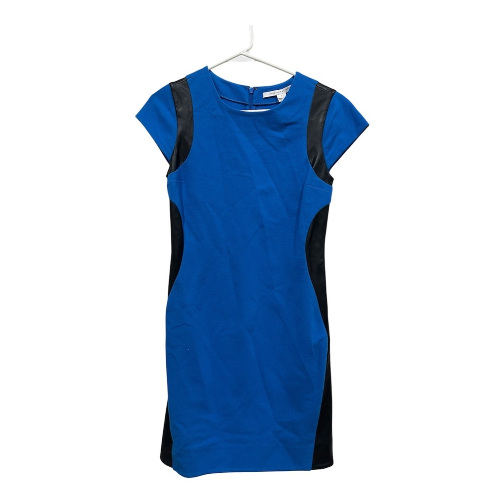 Diane von Furstenberg Blue Leather Trim Ponte Sheath Dress Size 4 Cap Sleeve